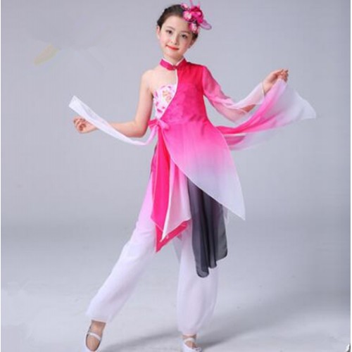 Girls chinese folk dance costumes kids pink black gradient colored stage performance yangko fan umbrella dance dresses